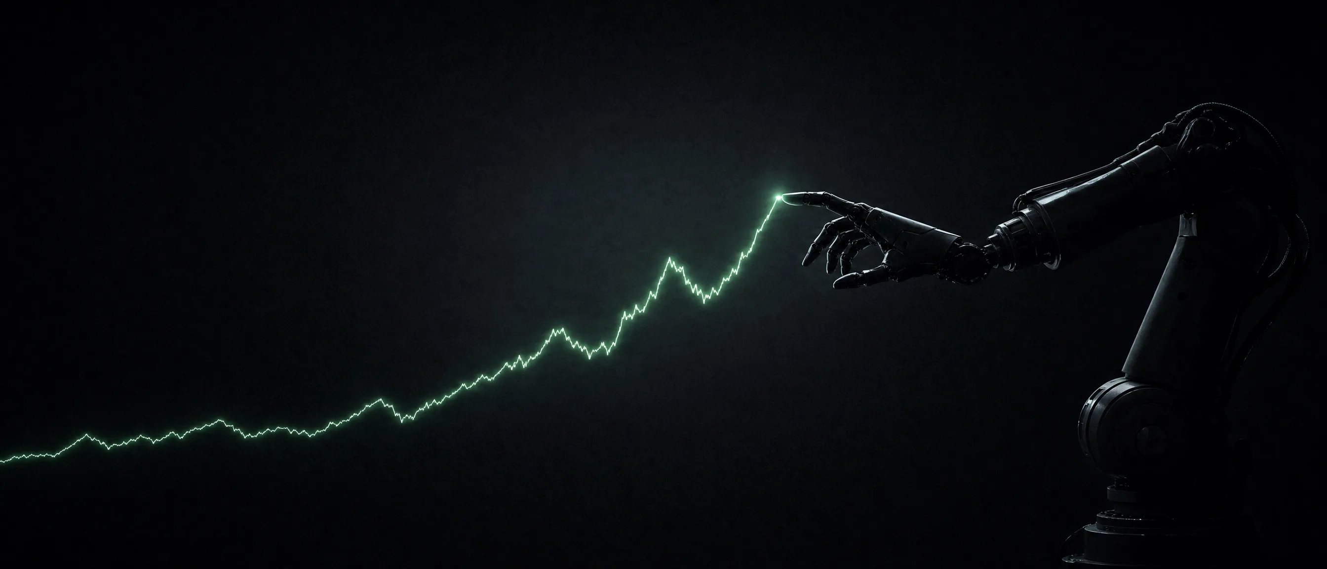Dark silhouette of an industrial robot arm with one green chart line rising